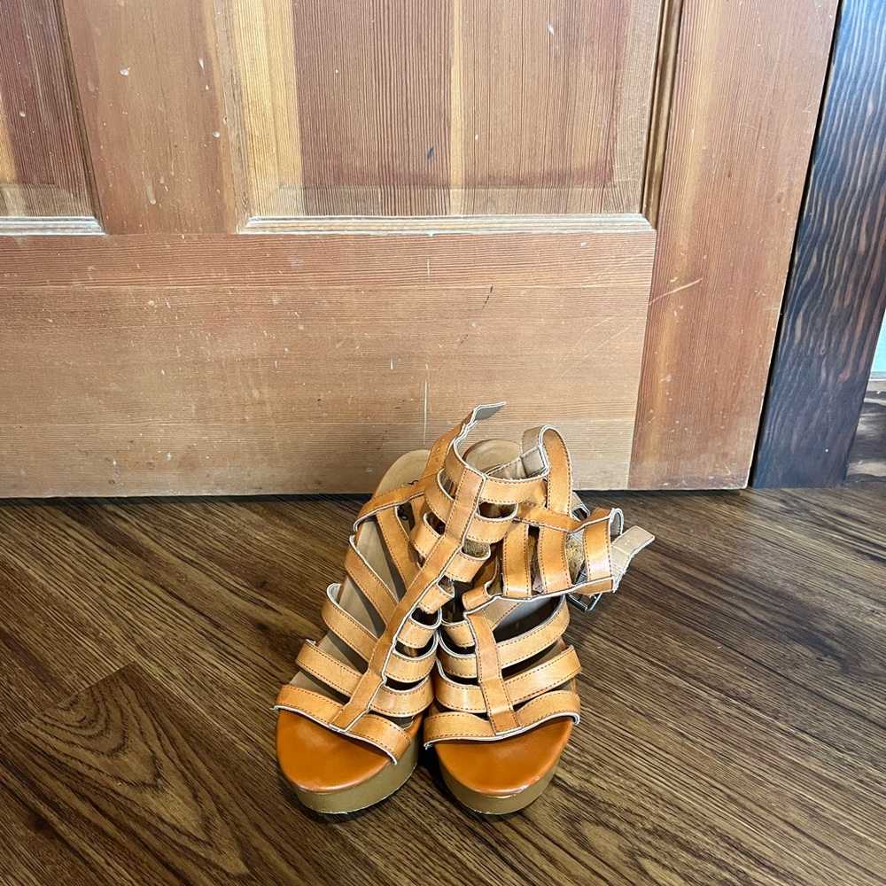 Qupid Strappy Tan Heels